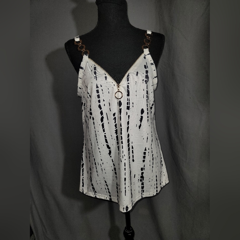 Black & White Ring-Zip Chain-Strap Cami